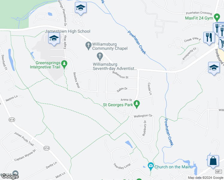 map of restaurants, bars, coffee shops, grocery stores, and more near 120 Sabre Drive in Williamsburg