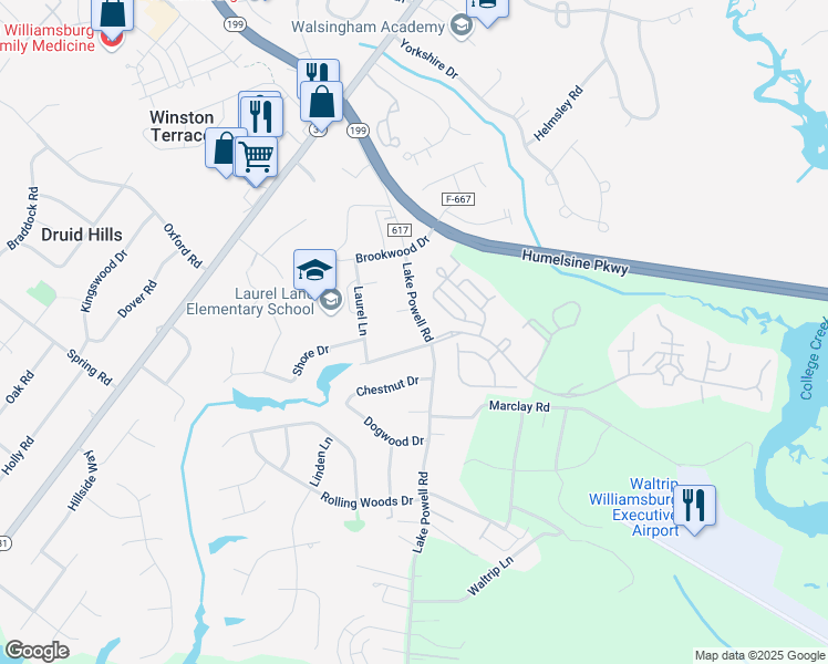 map of restaurants, bars, coffee shops, grocery stores, and more near 3051 Lake Powell Road in Williamsburg