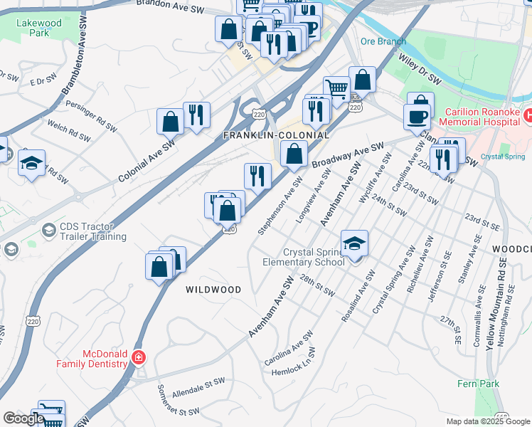 map of restaurants, bars, coffee shops, grocery stores, and more near 798 27th Street Southwest in Roanoke