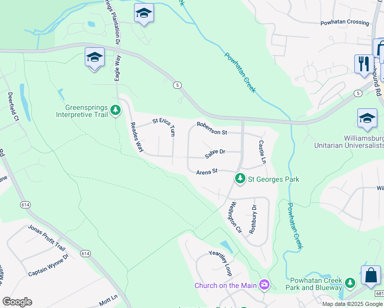 map of restaurants, bars, coffee shops, grocery stores, and more near 122 Sabre Drive in Williamsburg