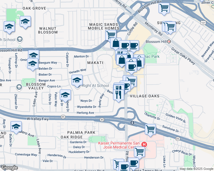 map of restaurants, bars, coffee shops, grocery stores, and more near 5619 Makati Circle in San Jose