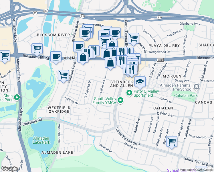map of restaurants, bars, coffee shops, grocery stores, and more near 883 Tallman Court in San Jose