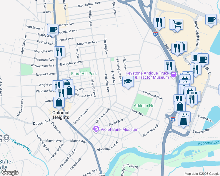 map of restaurants, bars, coffee shops, grocery stores, and more near 603 Colonial Avenue in Colonial Heights