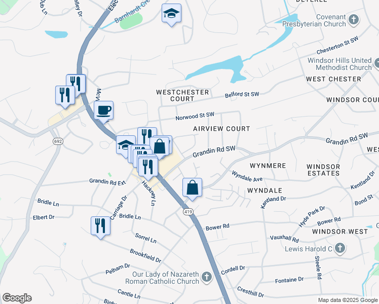 map of restaurants, bars, coffee shops, grocery stores, and more near 4730 Wembley Place Southwest in Roanoke