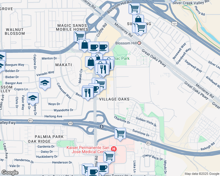 map of restaurants, bars, coffee shops, grocery stores, and more near 5700 Village Oaks Drive in San Jose