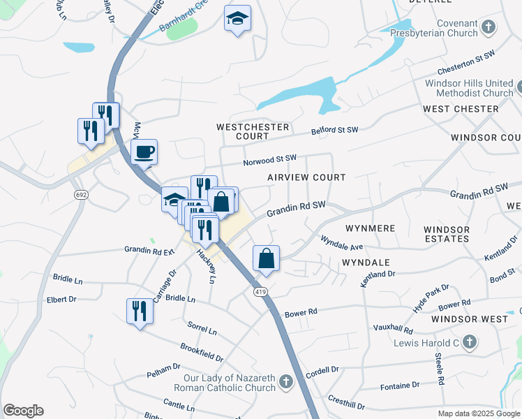 map of restaurants, bars, coffee shops, grocery stores, and more near 4732 Wembley Place Southwest in Roanoke