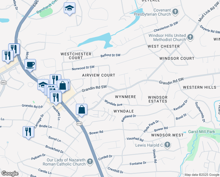 map of restaurants, bars, coffee shops, grocery stores, and more near 4514 Grandin Road Southwest in Roanoke