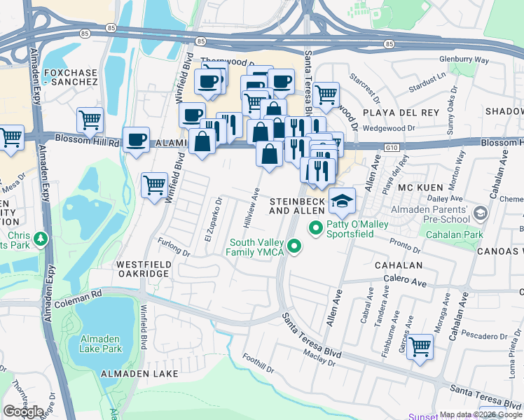 map of restaurants, bars, coffee shops, grocery stores, and more near 883 Tallman Court in San Jose