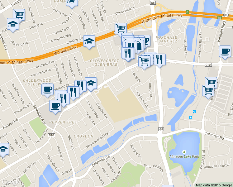 map of restaurants, bars, coffee shops, grocery stores, and more near 5668 Hoffman Court in San Jose