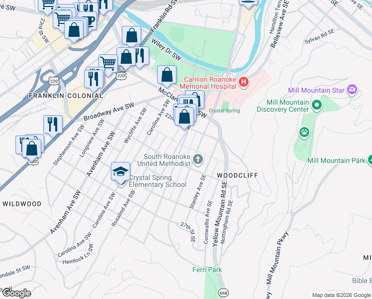 map of restaurants, bars, coffee shops, grocery stores, and more near 2326 Richelieu Avenue Southwest in Roanoke
