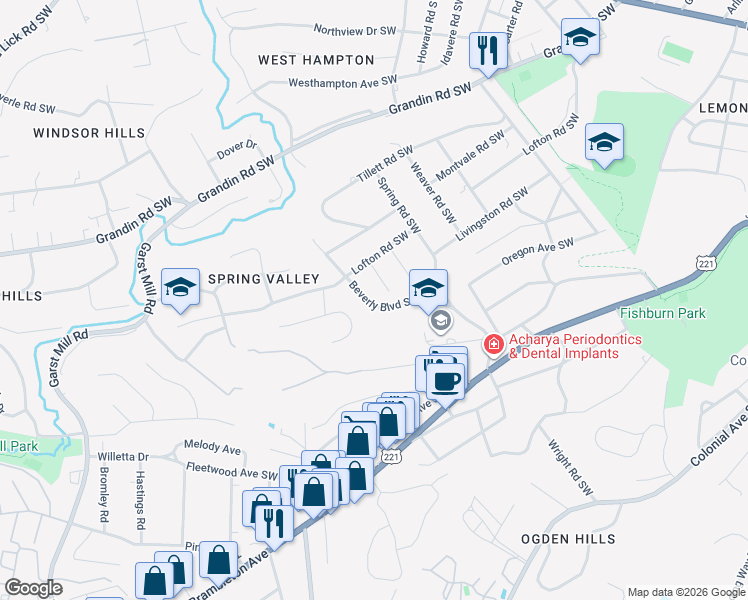 map of restaurants, bars, coffee shops, grocery stores, and more near 2745 Beverly Boulevard Southwest in Roanoke