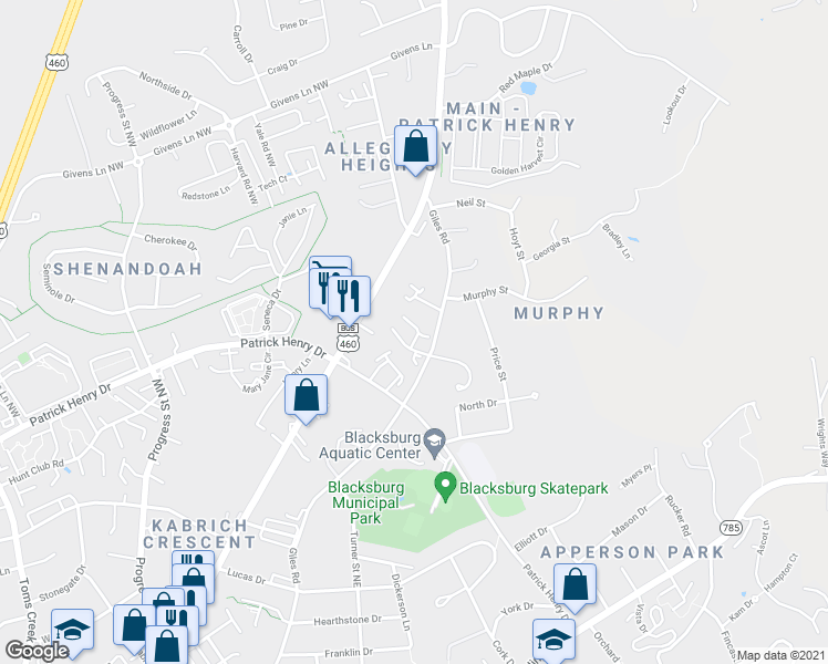 map of restaurants, bars, coffee shops, grocery stores, and more near in Blacksburg