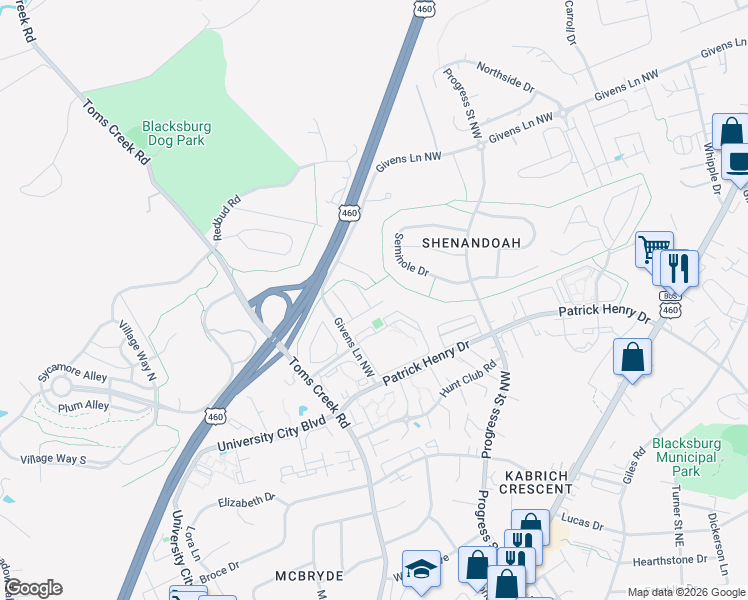 map of restaurants, bars, coffee shops, grocery stores, and more near 417 Laurence Lane in Blacksburg