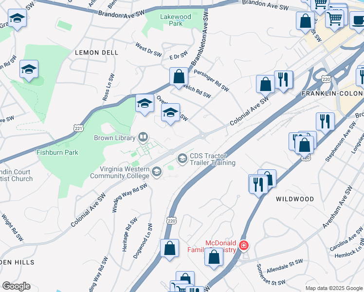 map of restaurants, bars, coffee shops, grocery stores, and more near 3054 Colonial Avenue Southwest in Roanoke
