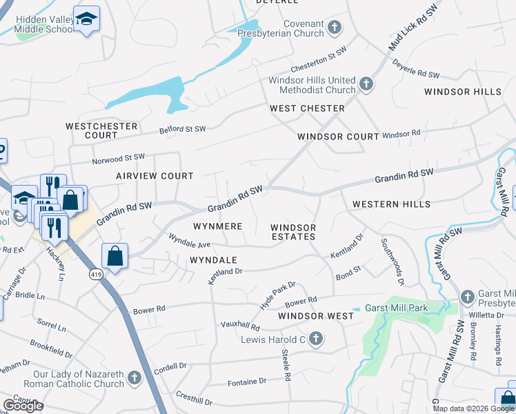 map of restaurants, bars, coffee shops, grocery stores, and more near 4230 Grandin Road Southwest in Cave Spring