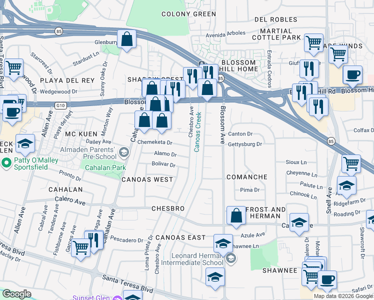 map of restaurants, bars, coffee shops, grocery stores, and more near 652 Chemeketa Drive in San Jose