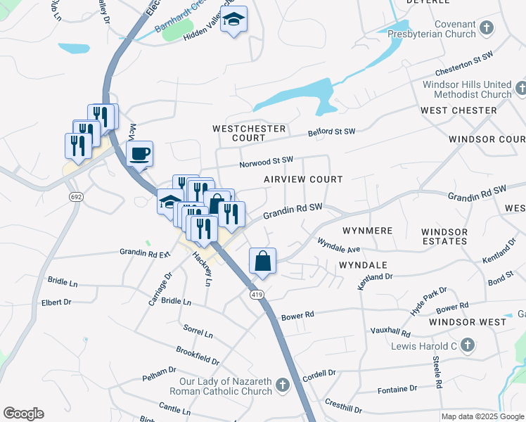 map of restaurants, bars, coffee shops, grocery stores, and more near 4726 Wembley Place Southwest in Roanoke