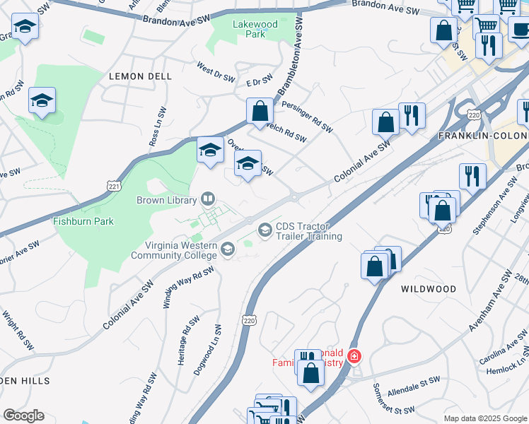 map of restaurants, bars, coffee shops, grocery stores, and more near 3054 Colonial Avenue Southwest in Roanoke