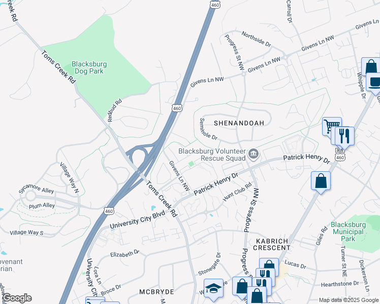 map of restaurants, bars, coffee shops, grocery stores, and more near 417 Laurence Lane in Blacksburg