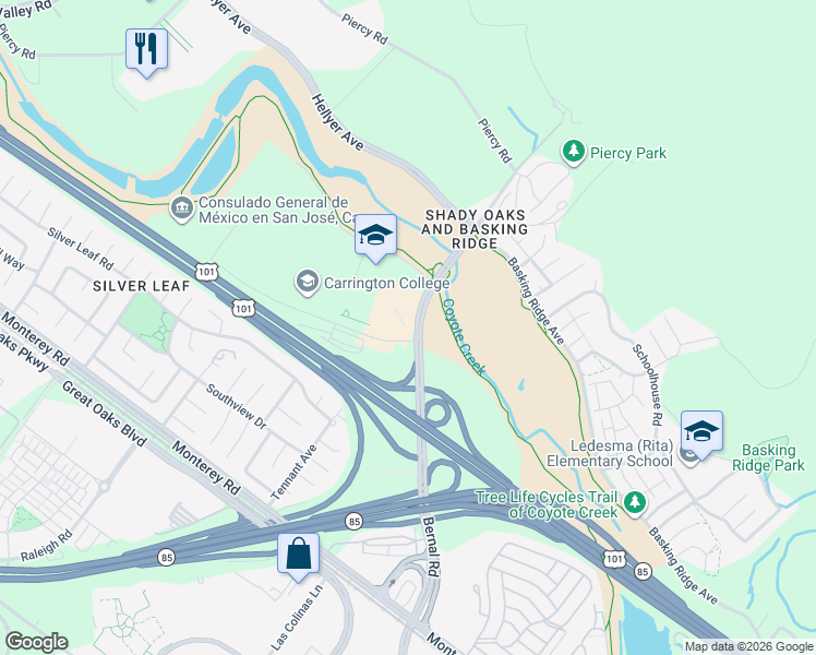 map of restaurants, bars, coffee shops, grocery stores, and more near 399 Silicon Valley Boulevard in San Jose