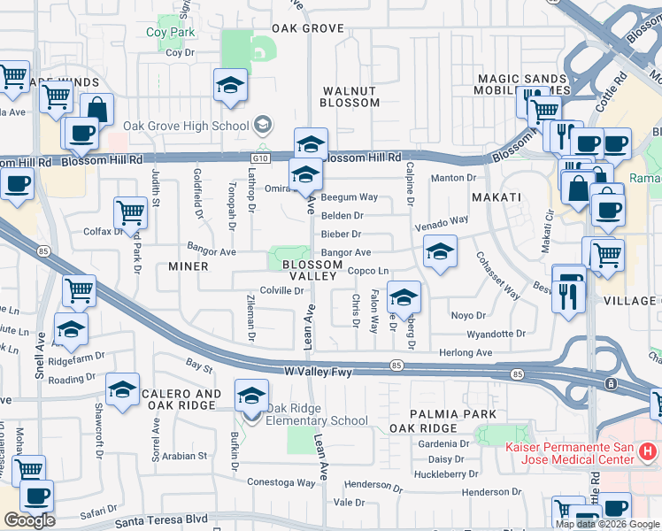 map of restaurants, bars, coffee shops, grocery stores, and more near 5813 Rohn Way in San Jose