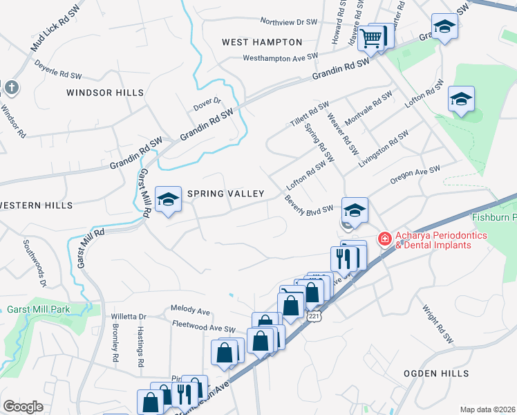 map of restaurants, bars, coffee shops, grocery stores, and more near 3006 Tamarack Trail in Roanoke