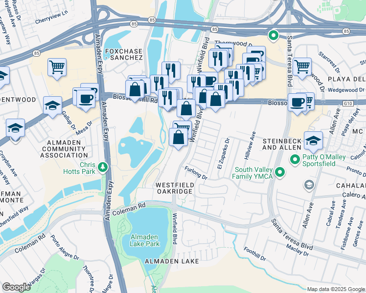 map of restaurants, bars, coffee shops, grocery stores, and more near 5853 Winfield Boulevard in San Jose