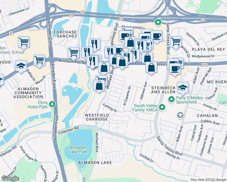 map of restaurants, bars, coffee shops, grocery stores, and more near 5770 Winfield Boulevard in San Jose