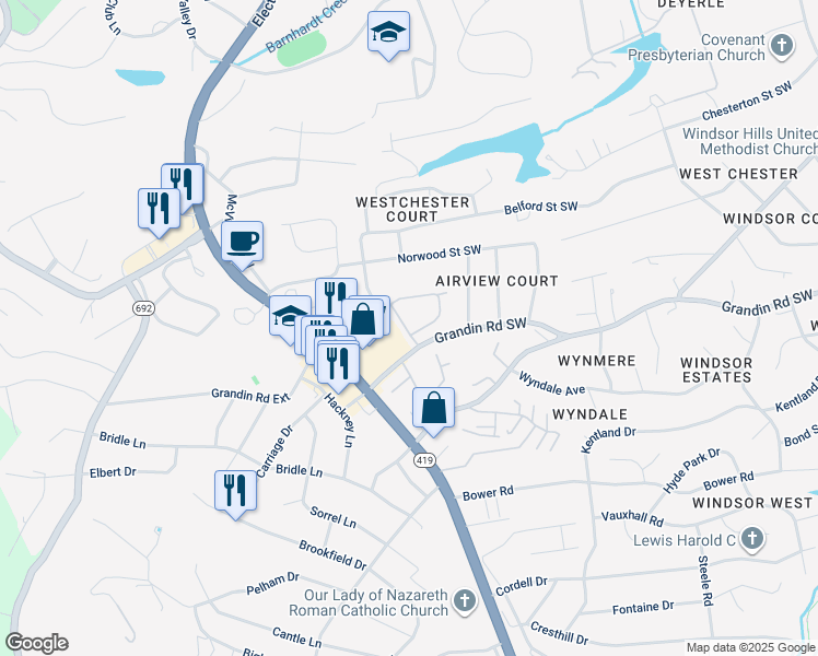 map of restaurants, bars, coffee shops, grocery stores, and more near 1976 Ashley Lane Southwest in Roanoke