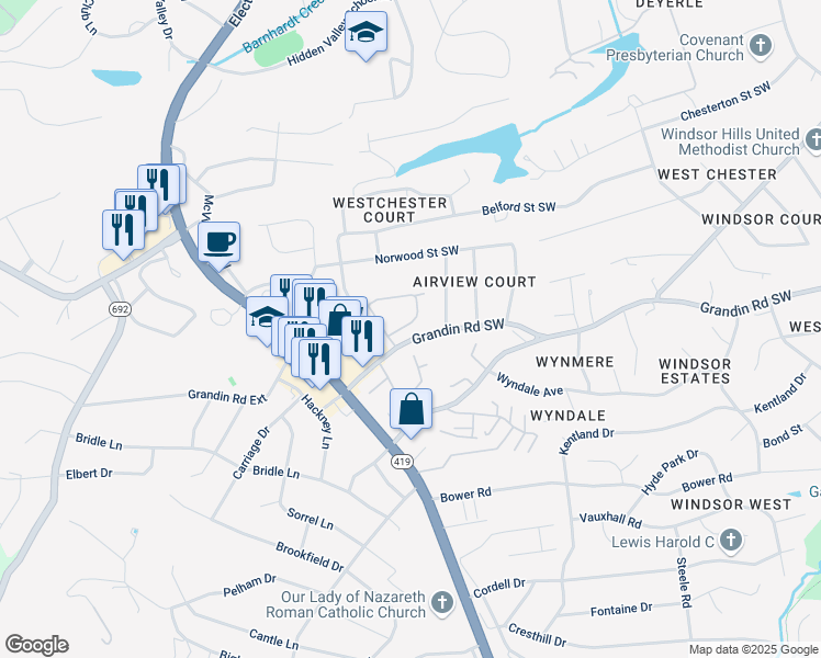 map of restaurants, bars, coffee shops, grocery stores, and more near 4726 Wembley Place Southwest in Roanoke