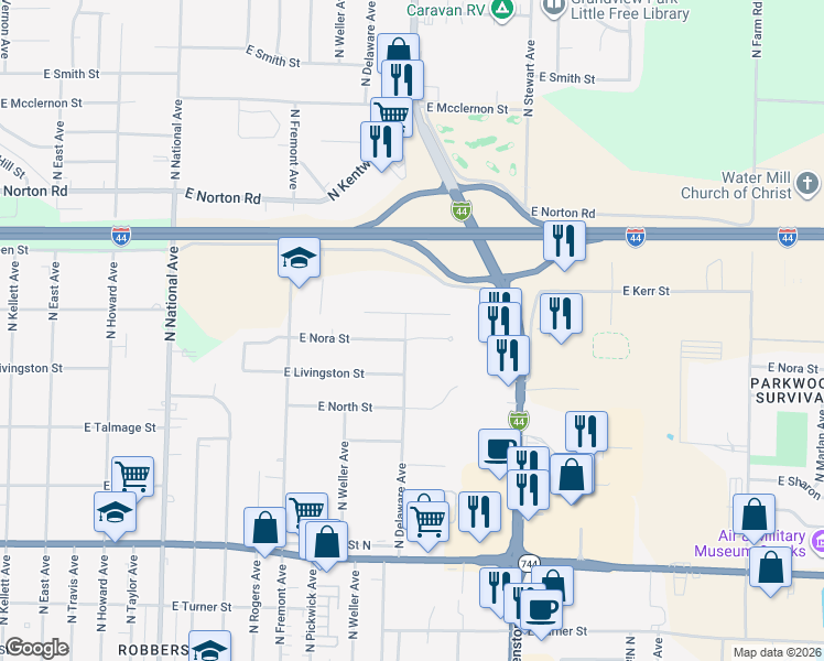 map of restaurants, bars, coffee shops, grocery stores, and more near 1551 East Kerr Street in Springfield
