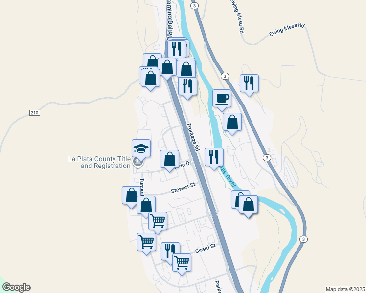 map of restaurants, bars, coffee shops, grocery stores, and more near 523 South Camino Del Rio in Durango