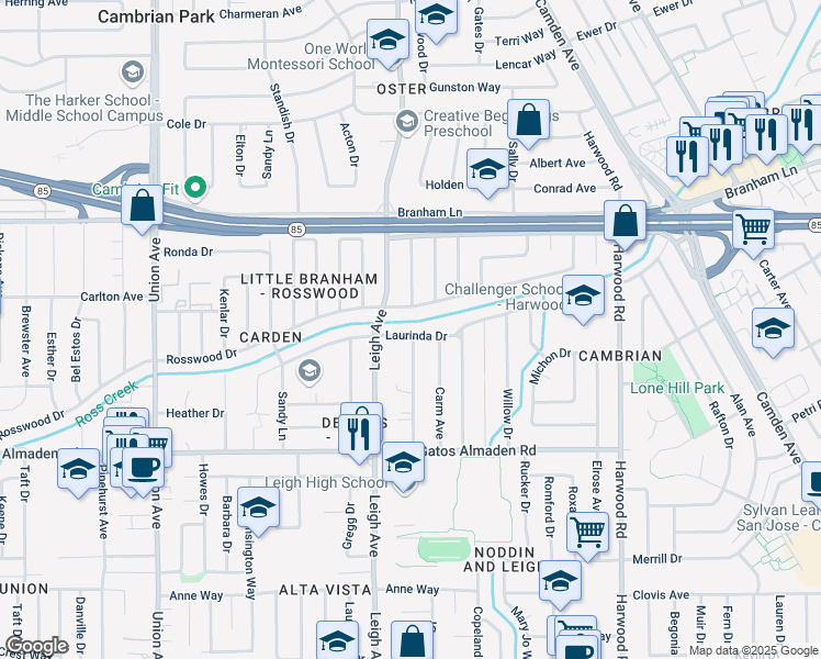map of restaurants, bars, coffee shops, grocery stores, and more near 1861 Laurinda Drive in San Jose