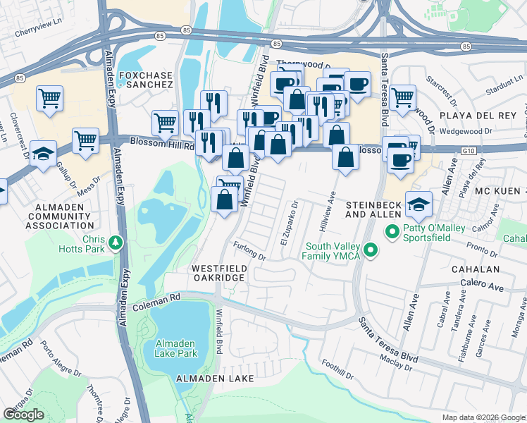 map of restaurants, bars, coffee shops, grocery stores, and more near 5770 Winfield Boulevard in San Jose