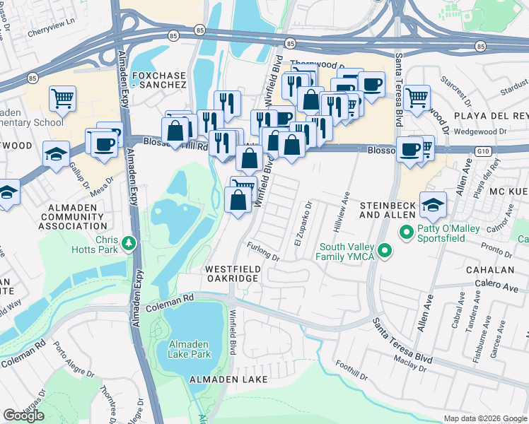 map of restaurants, bars, coffee shops, grocery stores, and more near 5770 Winfield Boulevard in San Jose