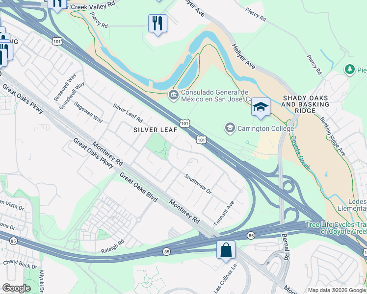 map of restaurants, bars, coffee shops, grocery stores, and more near 129 Southview Court in San Jose