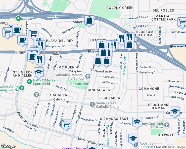 map of restaurants, bars, coffee shops, grocery stores, and more near 736 Chemeketa Court in San Jose