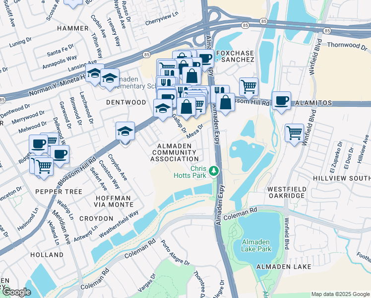 map of restaurants, bars, coffee shops, grocery stores, and more near 1171 Mesa Drive in San Jose
