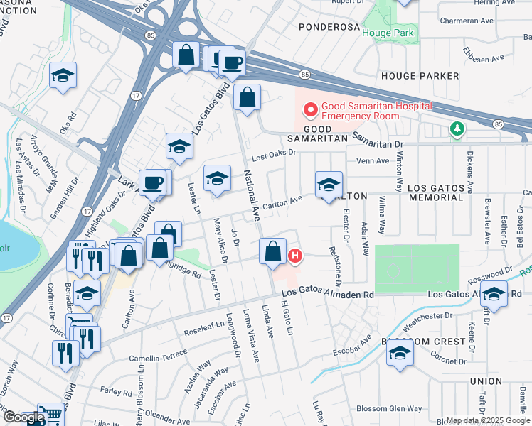 map of restaurants, bars, coffee shops, grocery stores, and more near 4886 National Avenue in San Jose