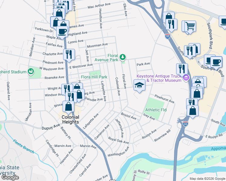 map of restaurants, bars, coffee shops, grocery stores, and more near 715 Hamilton Avenue in Colonial Heights