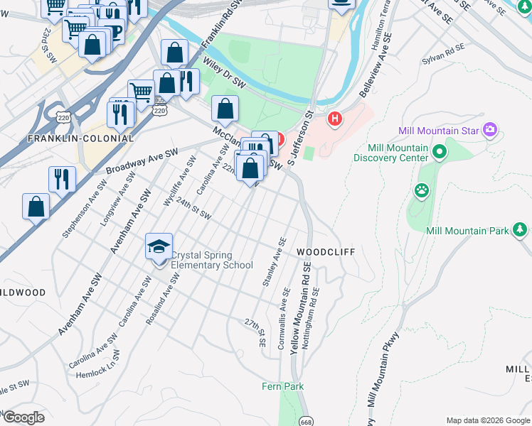 map of restaurants, bars, coffee shops, grocery stores, and more near 2201 Jefferson Street Southwest in Roanoke