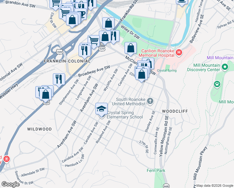map of restaurants, bars, coffee shops, grocery stores, and more near 2318 Carolina Avenue Southwest in Roanoke