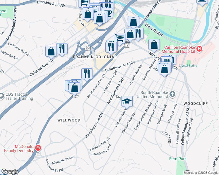 map of restaurants, bars, coffee shops, grocery stores, and more near 2504 Longview Avenue Southwest in Roanoke