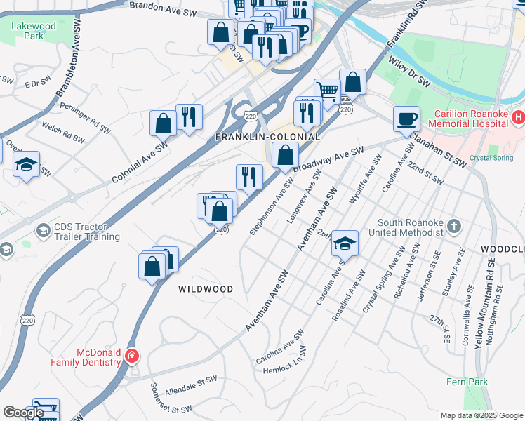 map of restaurants, bars, coffee shops, grocery stores, and more near 2602 Franklin Road Southwest in Roanoke