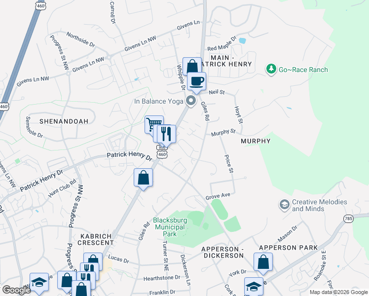 map of restaurants, bars, coffee shops, grocery stores, and more near 105 Tee Street in Blacksburg