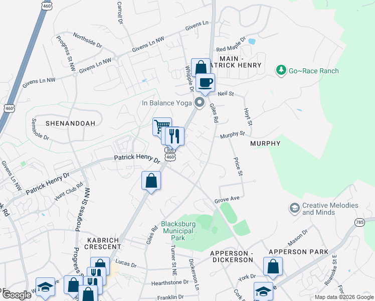 map of restaurants, bars, coffee shops, grocery stores, and more near 1448-1500 N Main St in Blacksburg