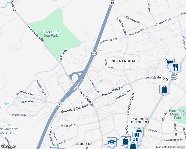map of restaurants, bars, coffee shops, grocery stores, and more near 1409 Ashford Court in Blacksburg