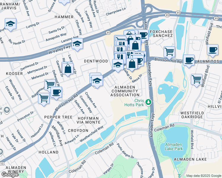 map of restaurants, bars, coffee shops, grocery stores, and more near 5668 Hoffman Court in San Jose