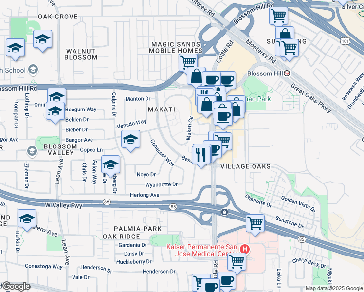 map of restaurants, bars, coffee shops, grocery stores, and more near 5691 Makati Circle in San Jose