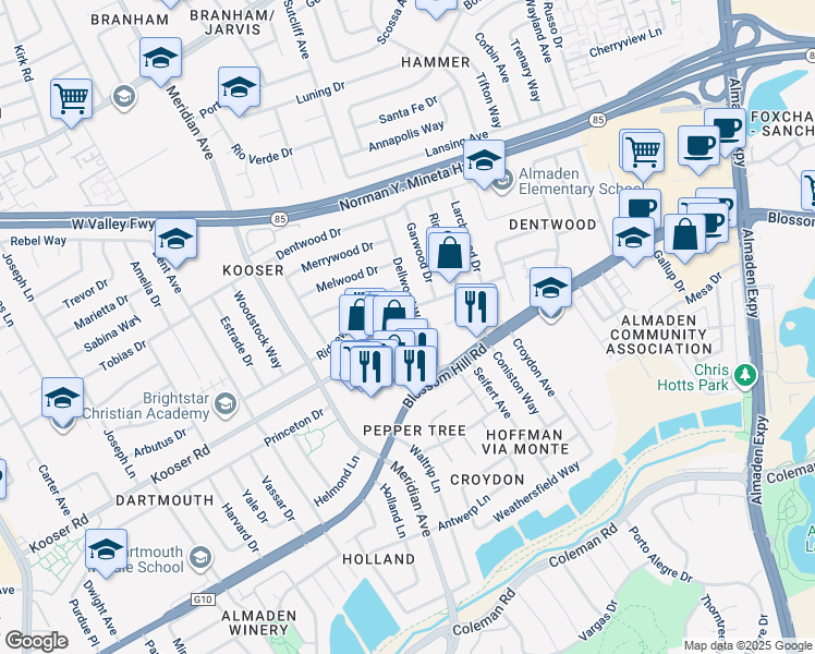 map of restaurants, bars, coffee shops, grocery stores, and more near 1365 Stanwood Drive in San Jose